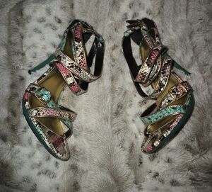 Michael Antonio Size 10 Teal Pink Tan Gold Faux Leather Strappy Heels